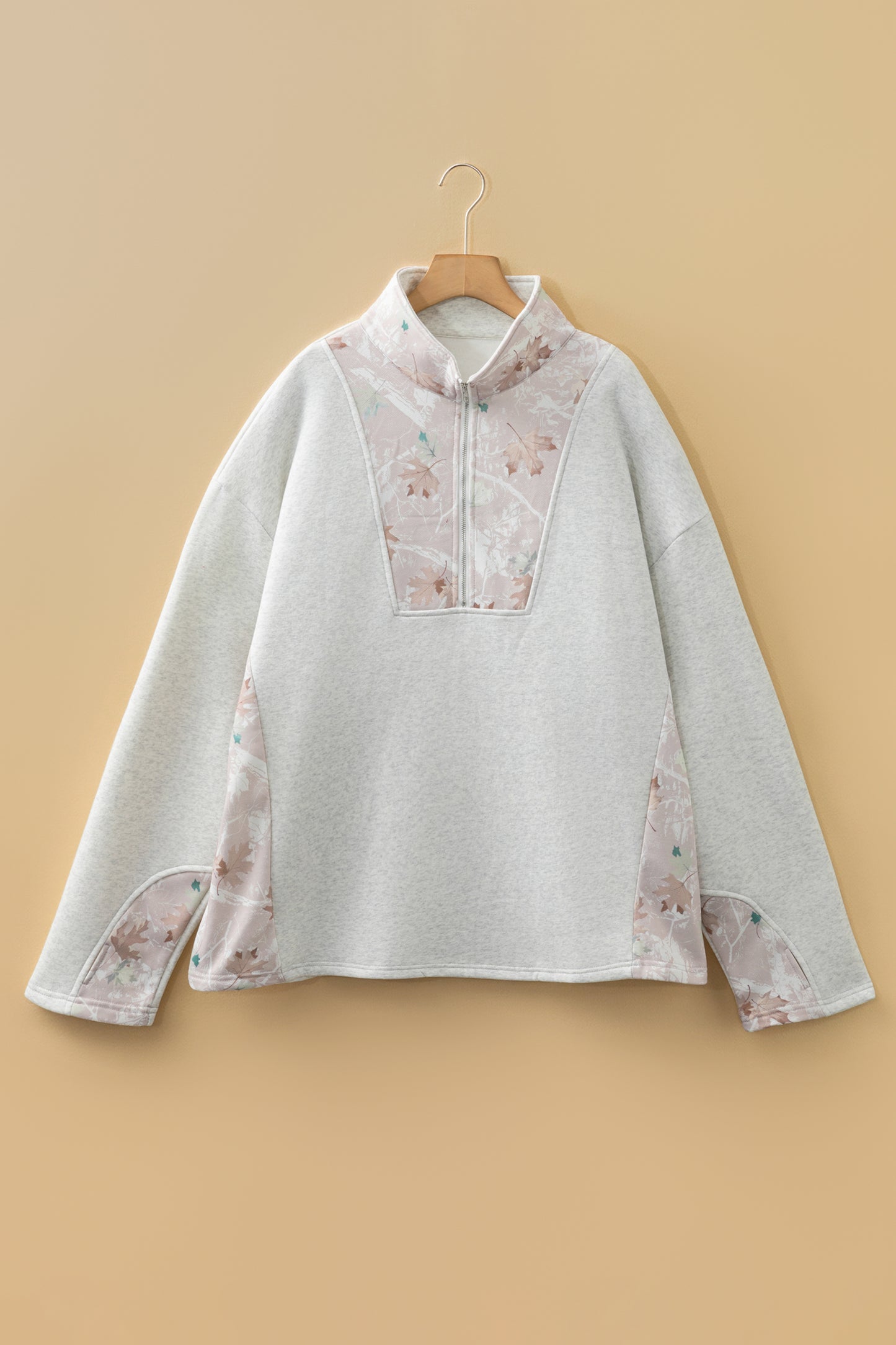 Plus Size Gray Half Zip Sweatshirt with Camo Leaf Patchwork