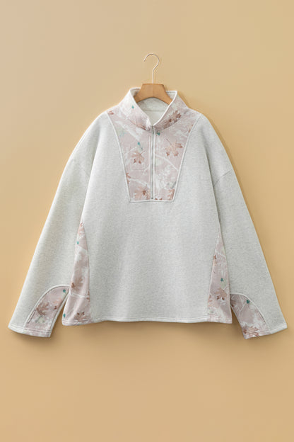 Plus Size Gray Half Zip Sweatshirt with Camo Leaf Patchwork