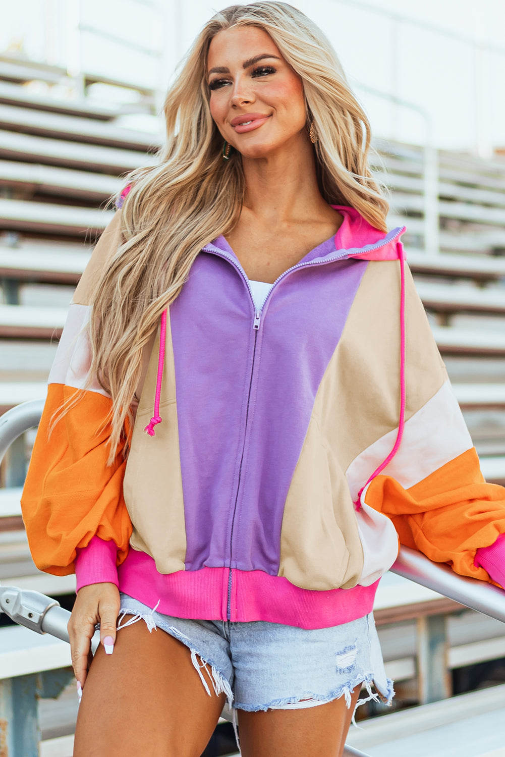 Oversized Colorblock Zip Up Hoodie – Retro Streetwear