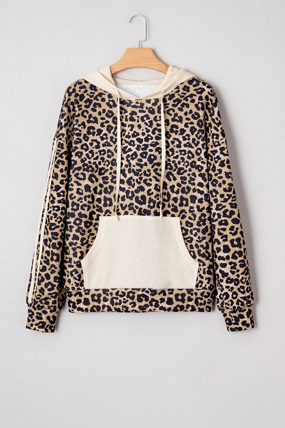 Leopard Print Waffle Knit Contrast Hoodie with Kangaroo Pocket