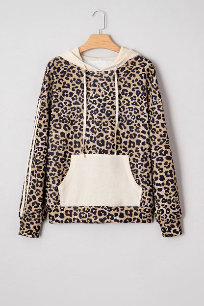 Leopard Print Waffle Knit Contrast Hoodie with Kangaroo Pocket