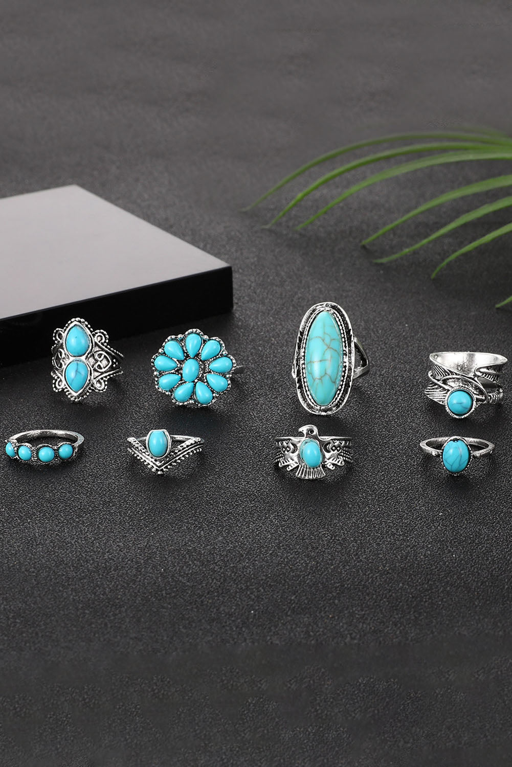 Turquoise Western Ring Set 8 Piece Vintage Boho Jewelry