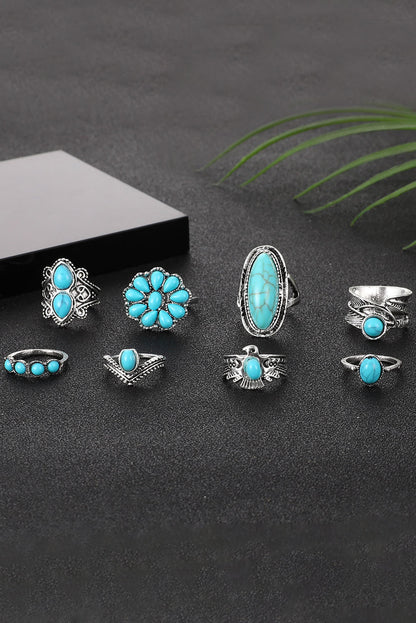 Turquoise Western Ring Set 8 Piece Vintage Boho Jewelry