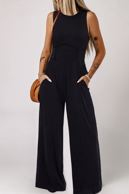 Blackish Green Cinched Waist Sleeveless Wide Leg Jumpsuit