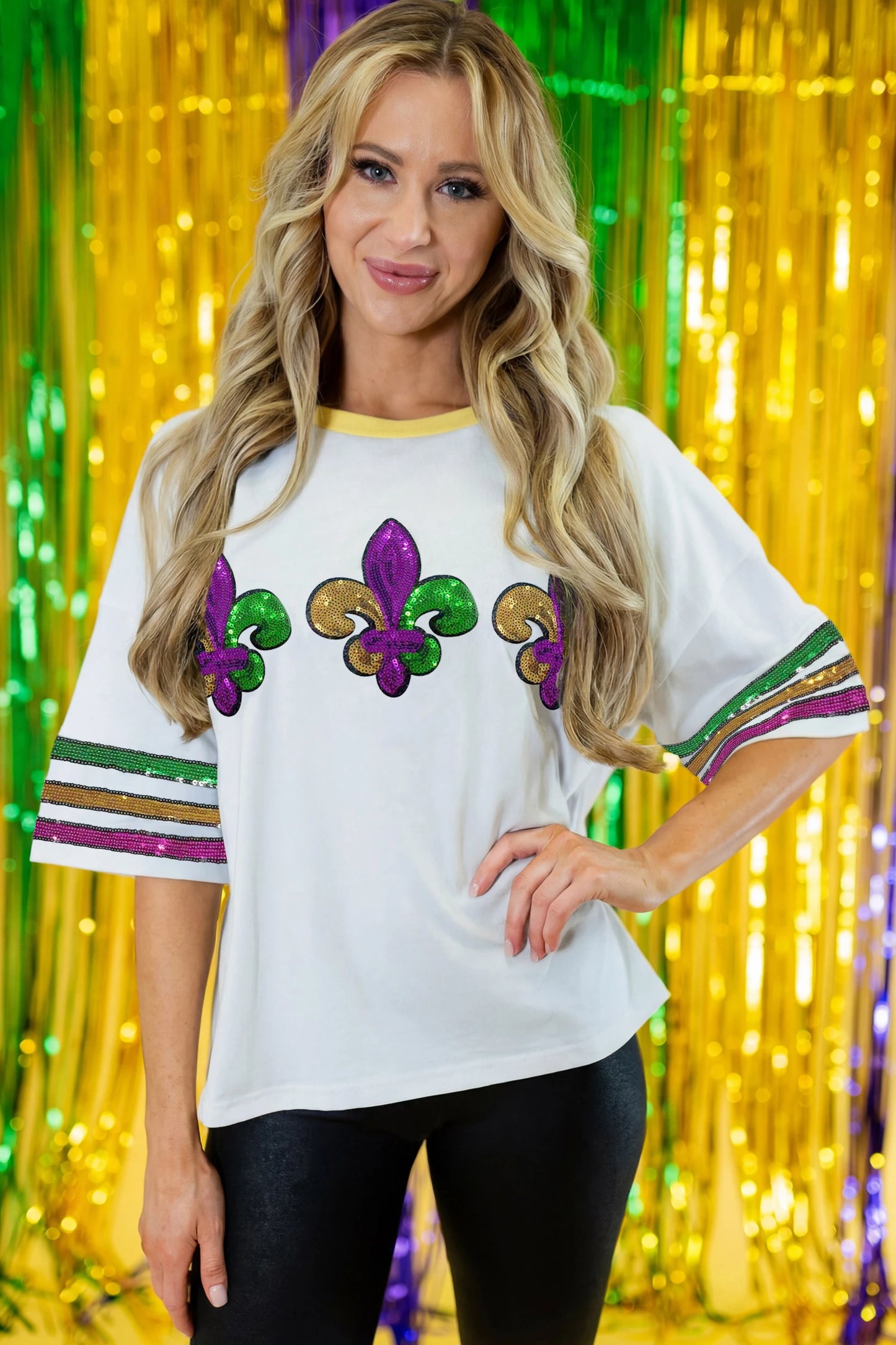 Mardi Gras Sequin Fleur de Lis Varsity Sleeve Tee
