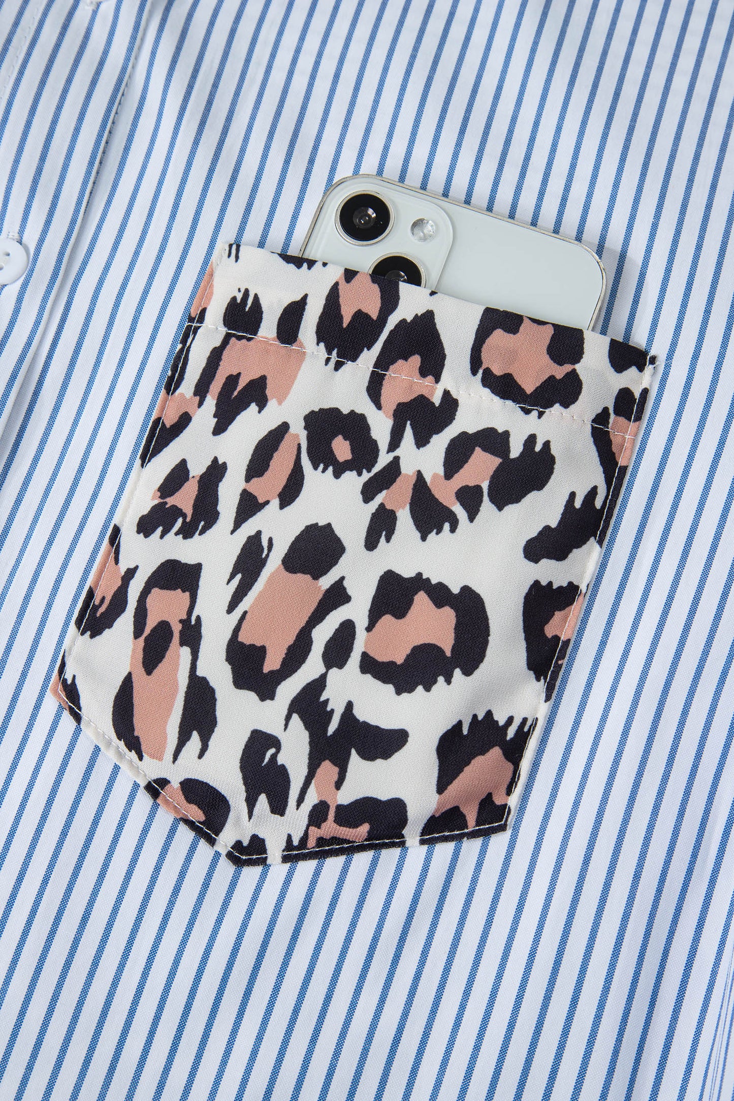 Sky Blue Striped Colorblock Leopard Patchwork Pocket Shirt
