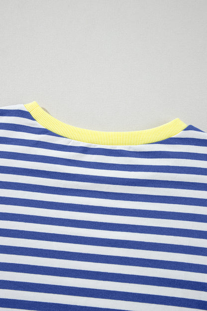 Sky Blue Stripe Oversized Contrast Trim Pullover Sweatshirt