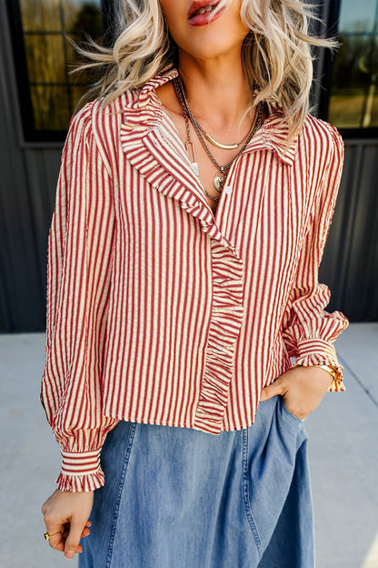 Red Striped Ruffle Collar Button-Up Long Sleeve Blouse