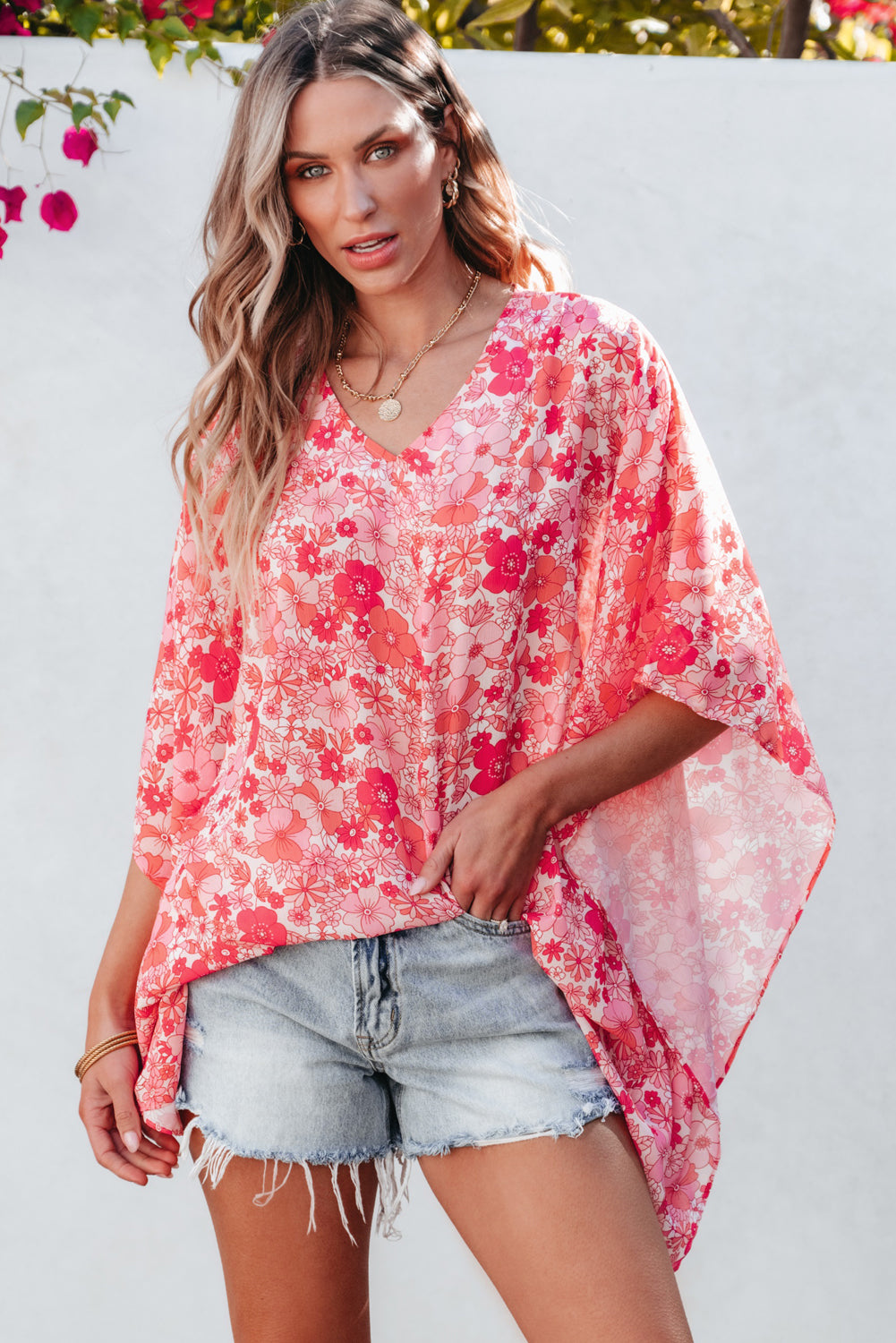 Pink Boho Floral V Neck Kimono Style Blouse