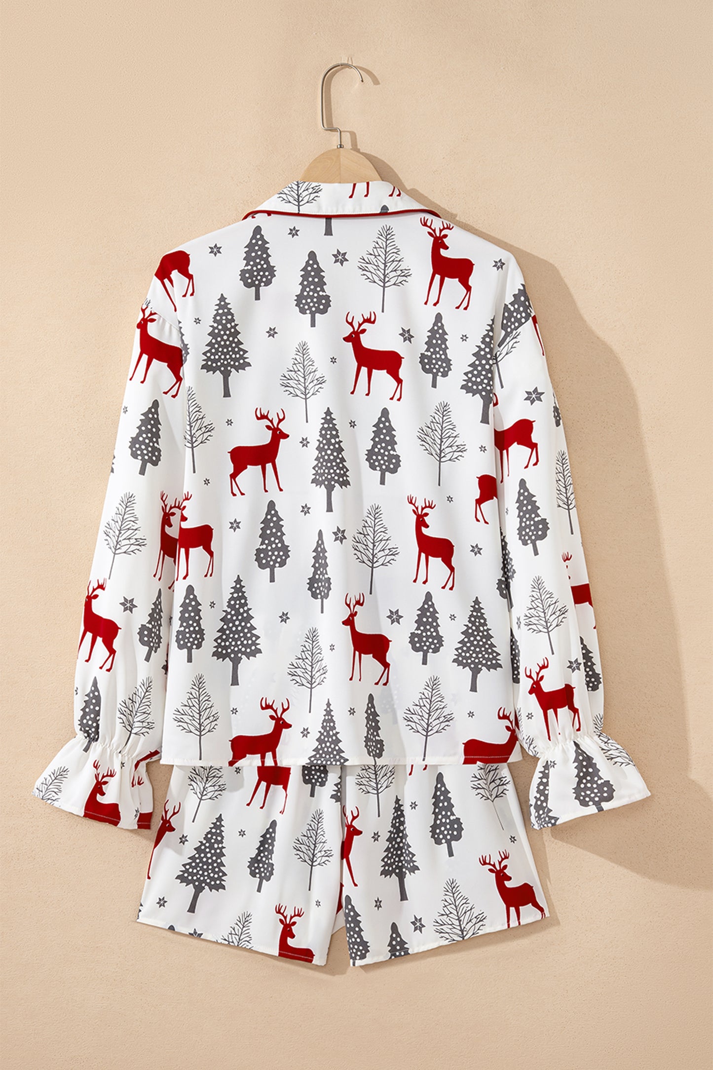 Red Reindeer Christmas Print Long Sleeve Pajama Shorts Set