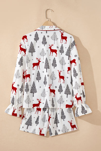 Red Reindeer Christmas Print Long Sleeve Pajama Shorts Set