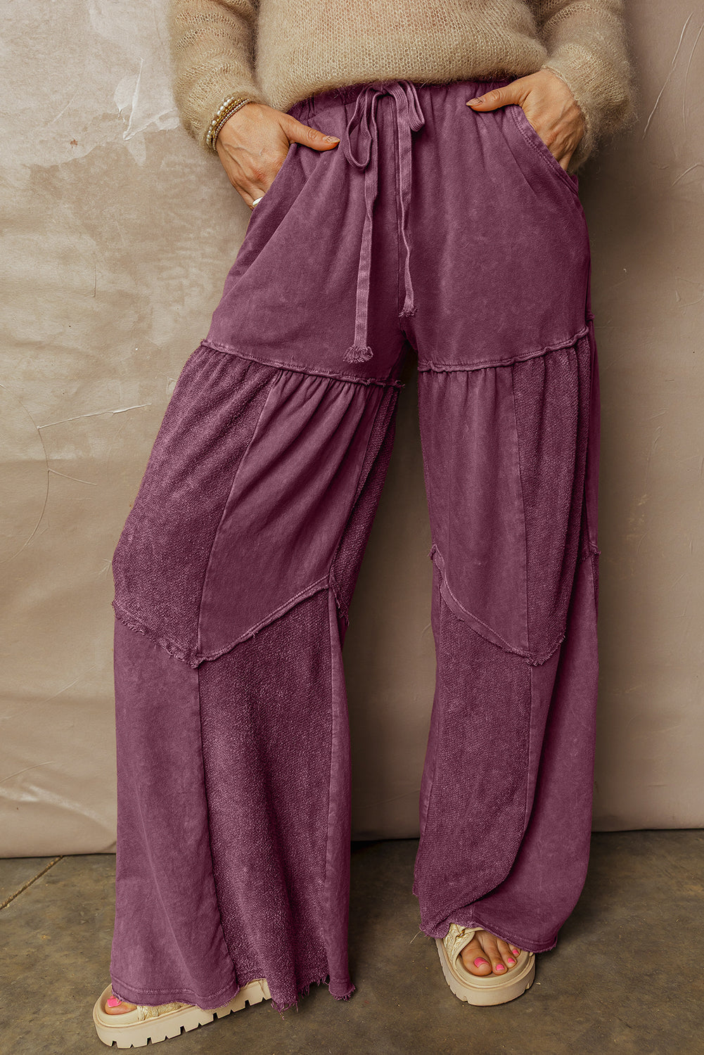Women's Black Mineral Wash Wide Leg Patchwork Pants