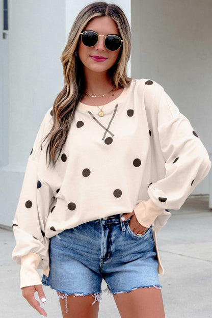 Polka Dot Oversized Long Sleeve Tee Split Hem
