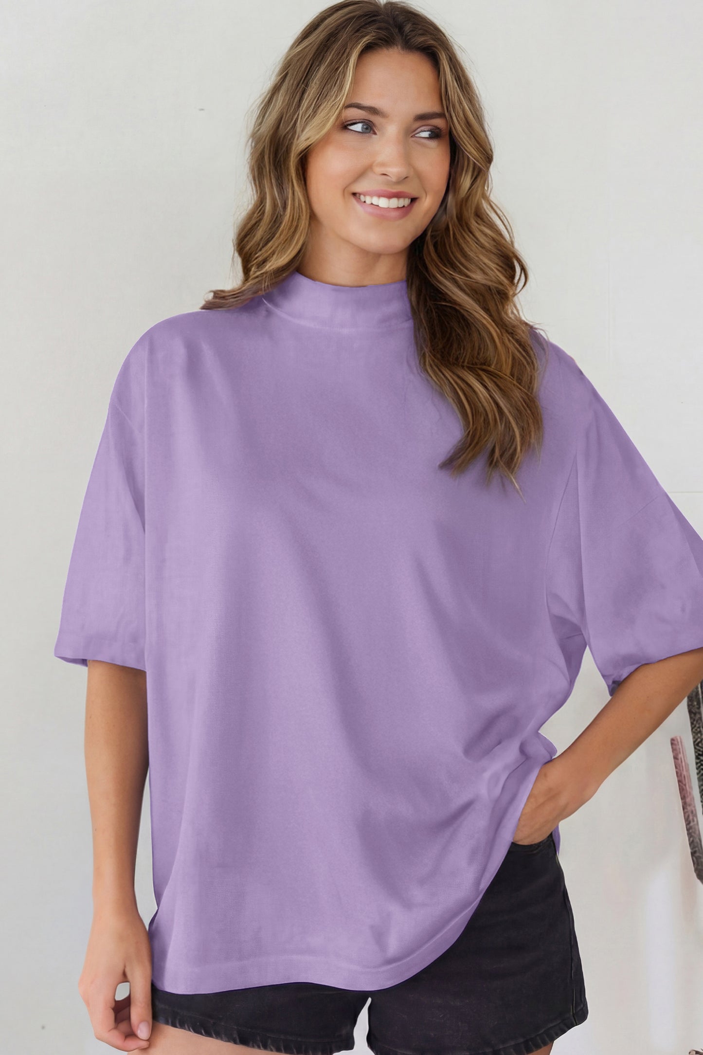 Dark Blue Oversized Mock Neck Tee Casual Relaxed Top