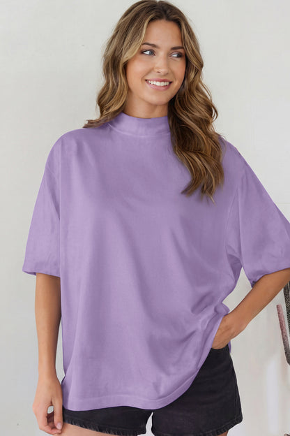 Dark Blue Oversized Mock Neck Tee Casual Relaxed Top