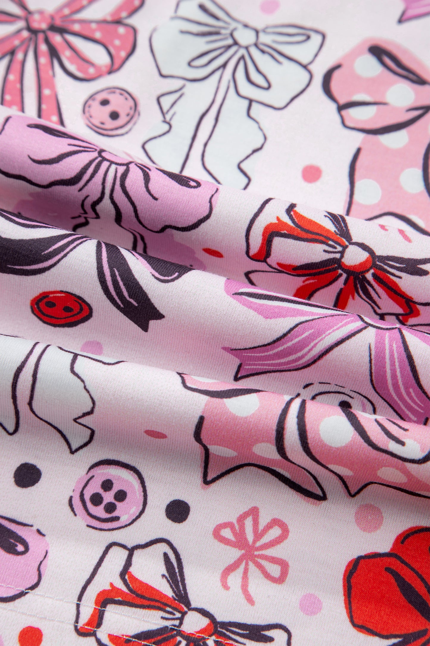 Pink Cute Ribbon Bows Printed Shirt Style 2pcs Pajama Set