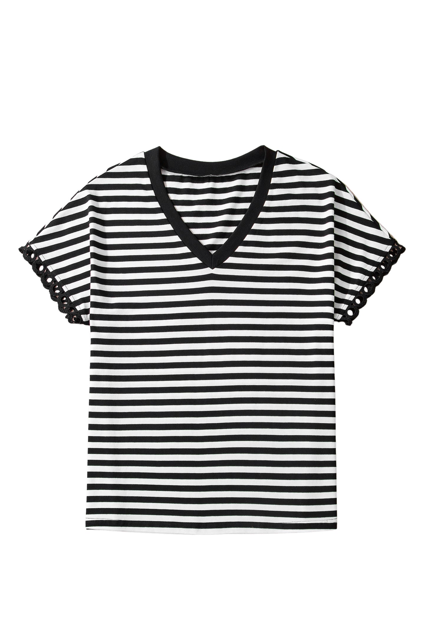 Black Stripe V Neck Lace Trim Casual Tee Top