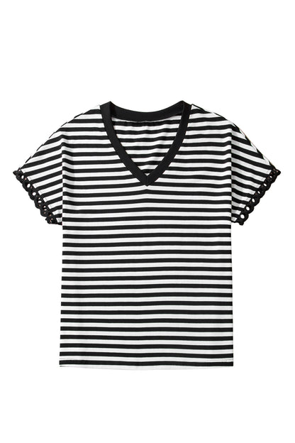 Black Stripe V Neck Lace Trim Casual Tee Top