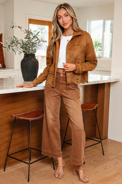Faux Suede Laser Cut Button Down Retro Western Jacket