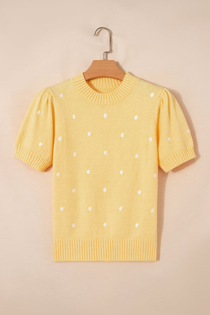 Chestnut Elegant Polka Dot Bubble Short Sleeve Sweater