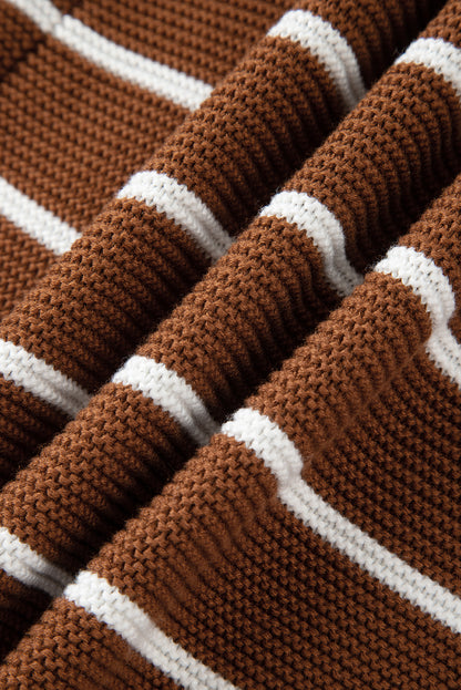 Chestnut Striped Knit Tie Front V Neck Cardigan Sweater