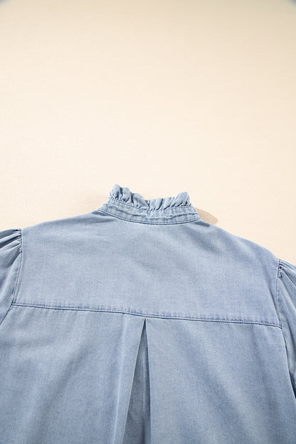 Light Wash Chambray Puff Sleeve Button Up Shirt