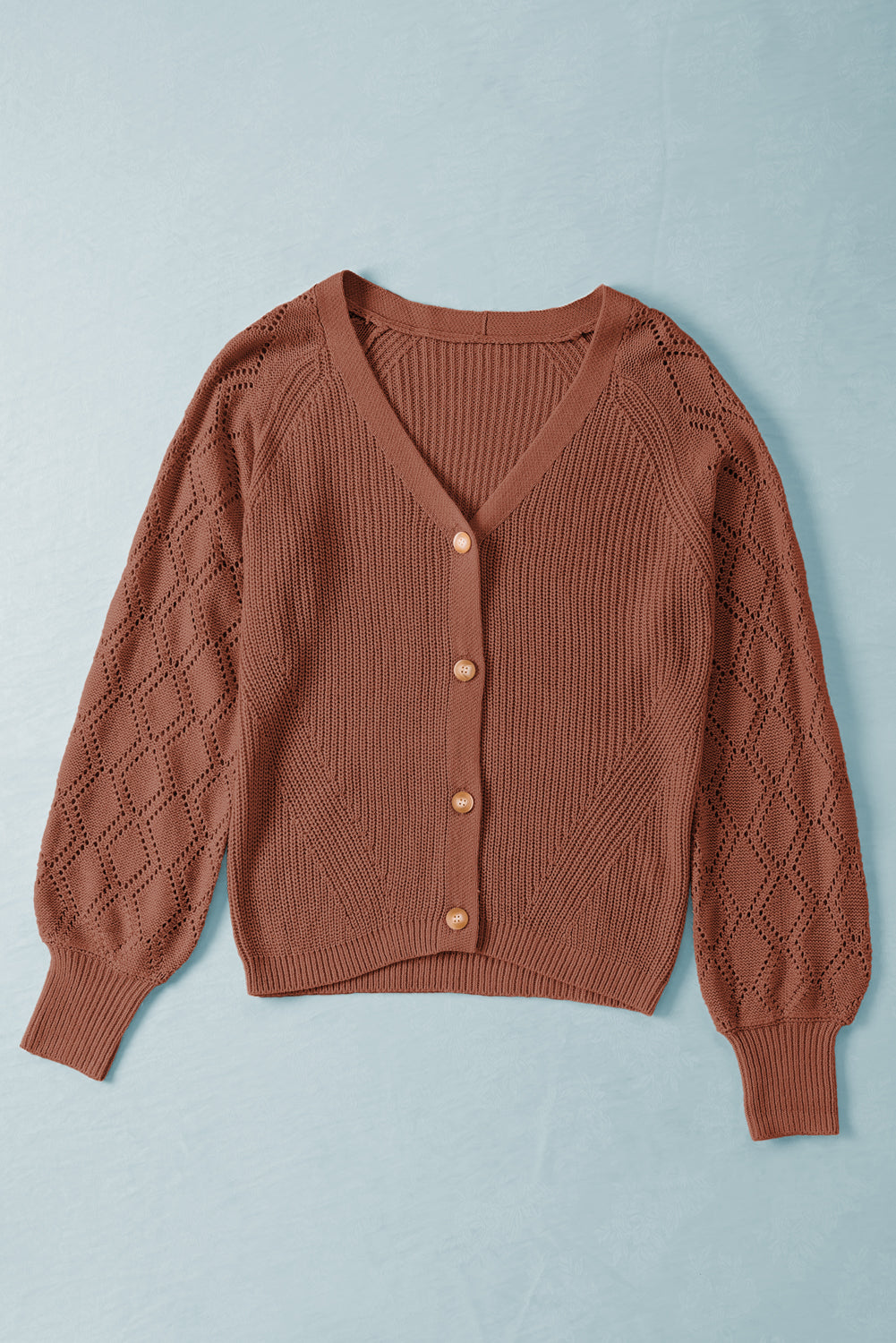 Pink Knit V Neck Bishop Sleeve Button Cardigan