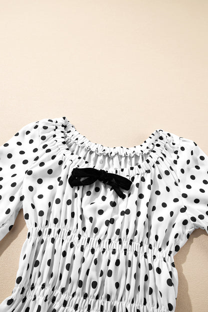 Polka Dot Puff Sleeve Bow Square Neck Peplum Top