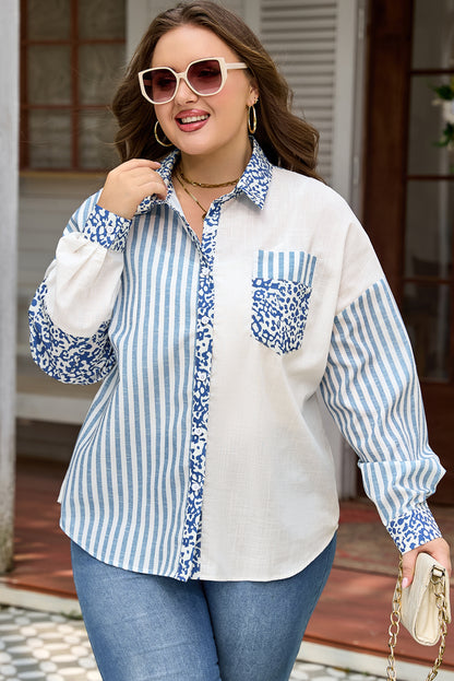 Sky Blue Striped Leopard Patchwork Cotton Plus Shirt