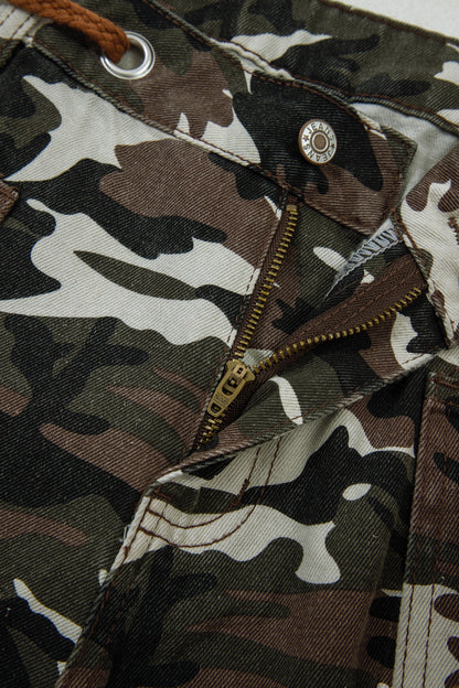 Green Camouflage Distressed Loose Fit Denim Pants
