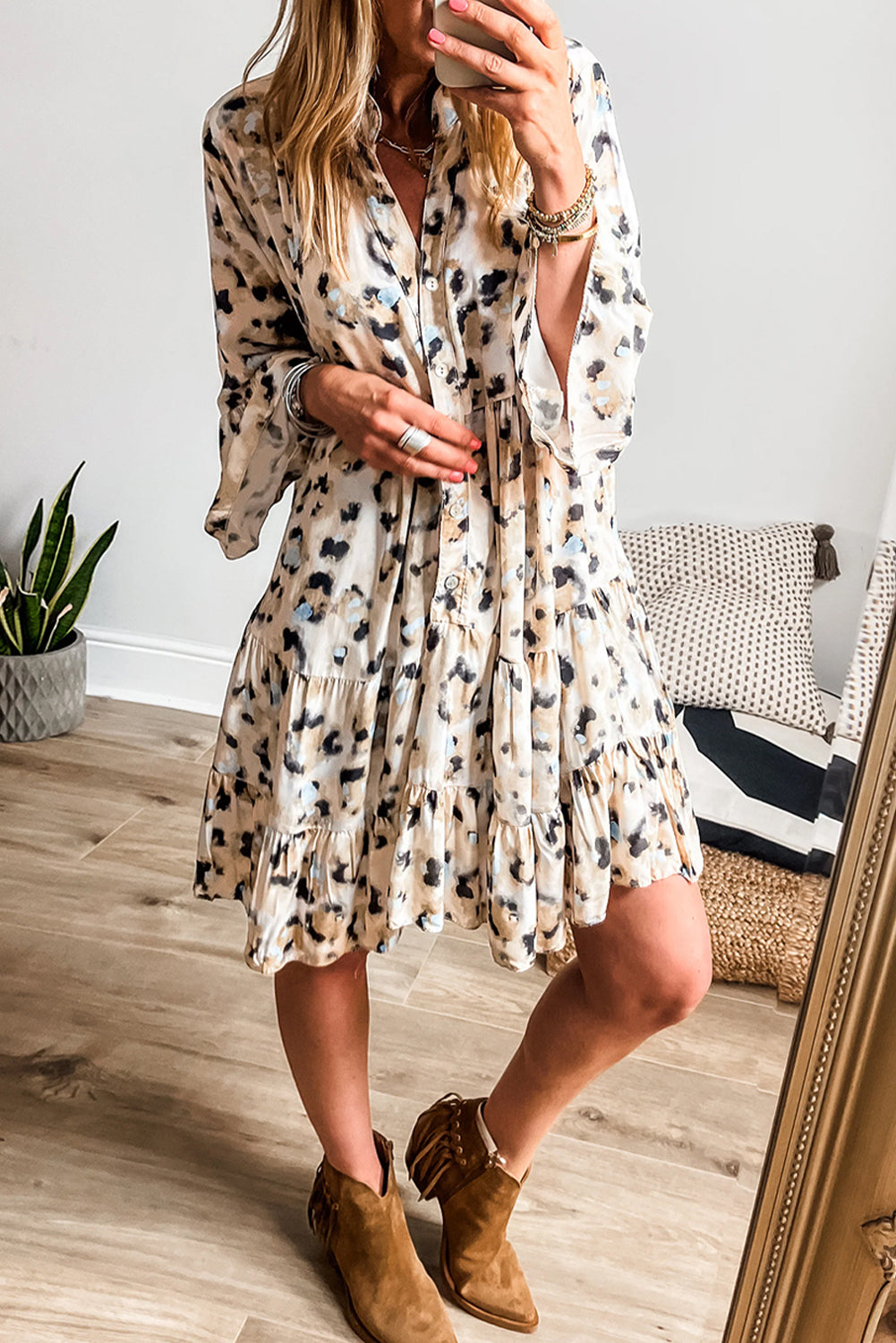 Khaki Leopard Button Front Tiered Ruffle Mini Dress