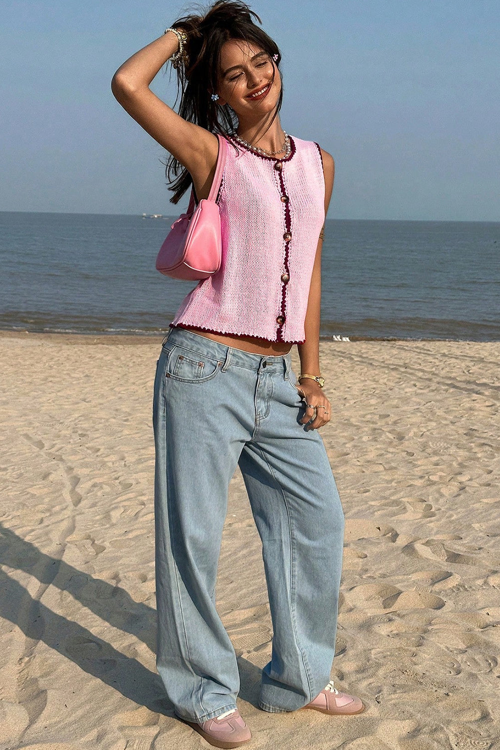 Pink Contrast Trim Button Front Knit Sweater Vest
