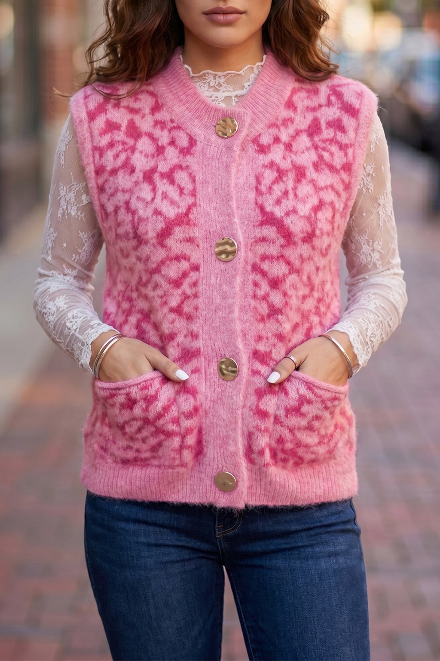 Western Leopard Print Knit Sweater Vest Button Cardigan