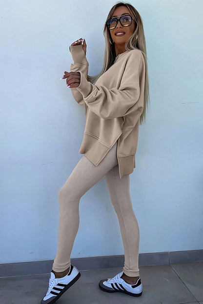 Solid Oversize Slit Sweatshirt with Ribbed Leggings Set