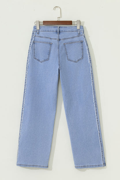 Beau Blue Contrast Stripe Patchwork Frayed Jeans