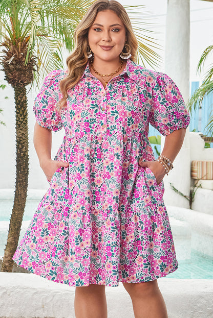 Plus Size Easter Floral Puff Sleeve Button A Line Dress