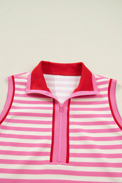 Striped Zip Collar Sleeveless Skort Set Casual Outfit