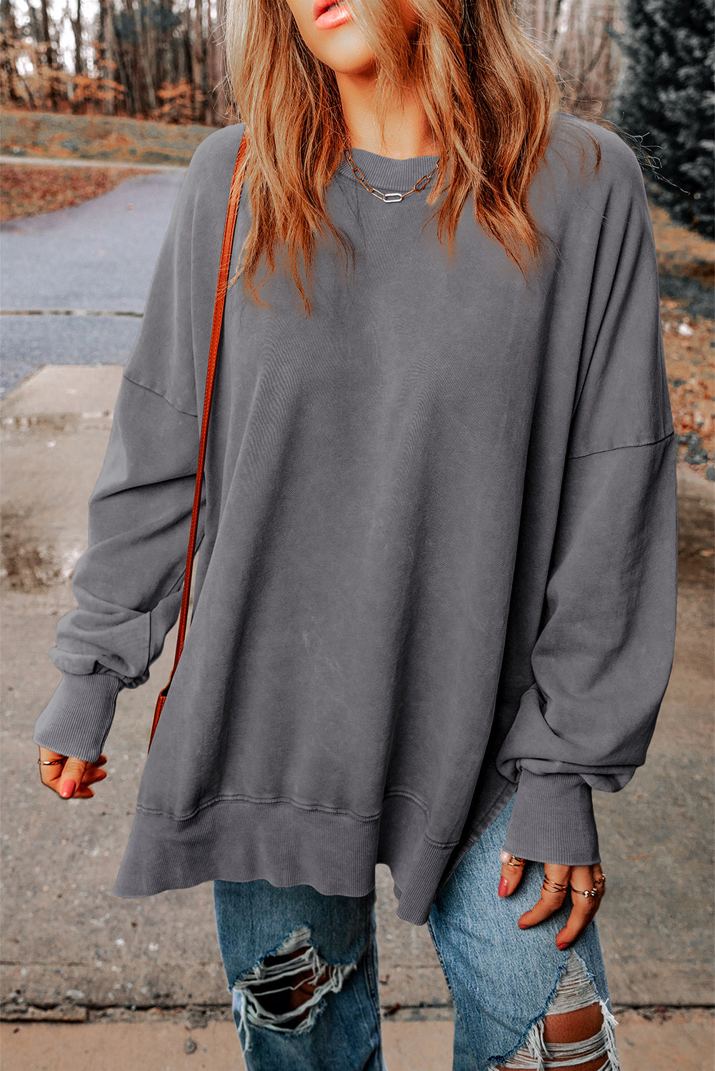 Khaki Drop Shoulder Ribbed Trim Oversized Sweatshirt