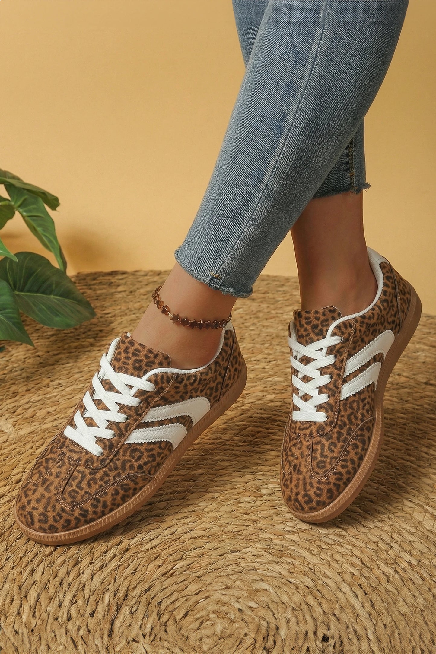 Leopard Print Shimmer Lace Up Sneakers PU Leather Shoes