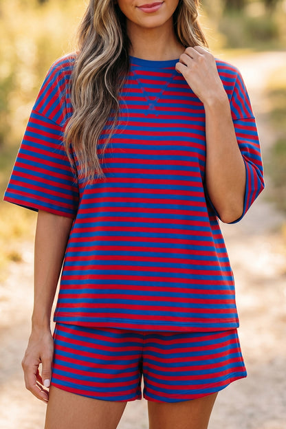 Green Striped Cotton Shorts Set Lounge Outfit