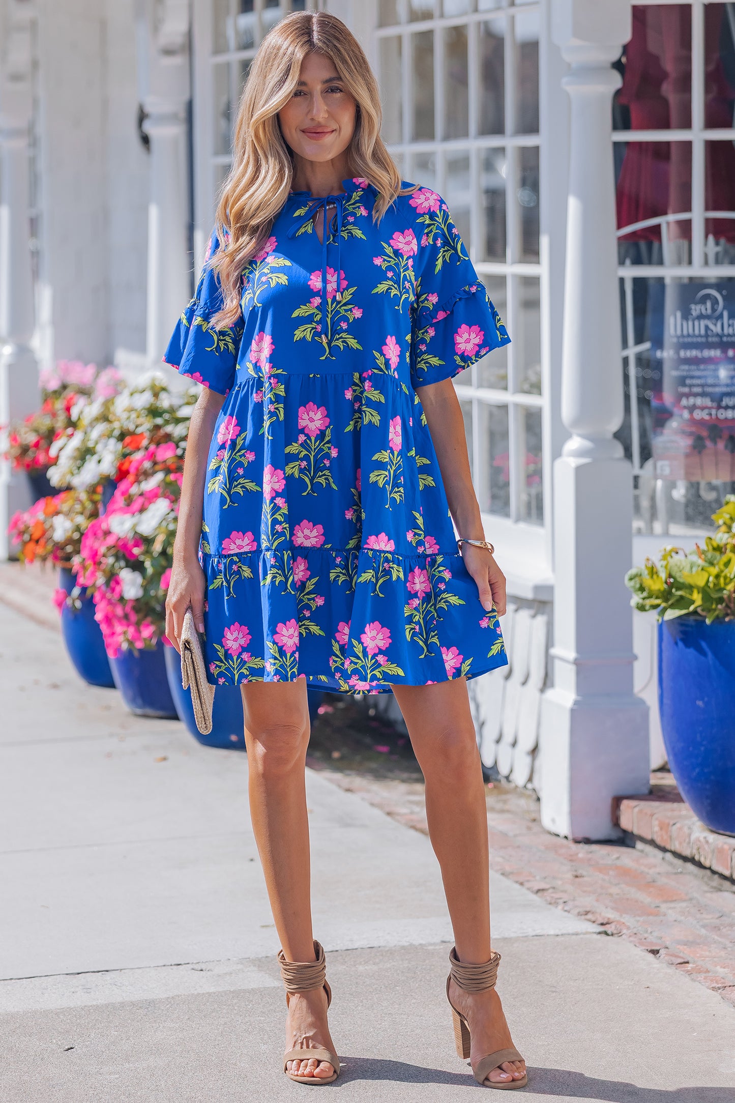 Floral Print V Neck Short Sleeve Tiered Mini Dress