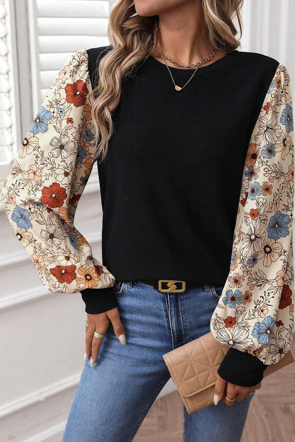 Black Leopard Puff Sleeve Patchwork Casual Top
