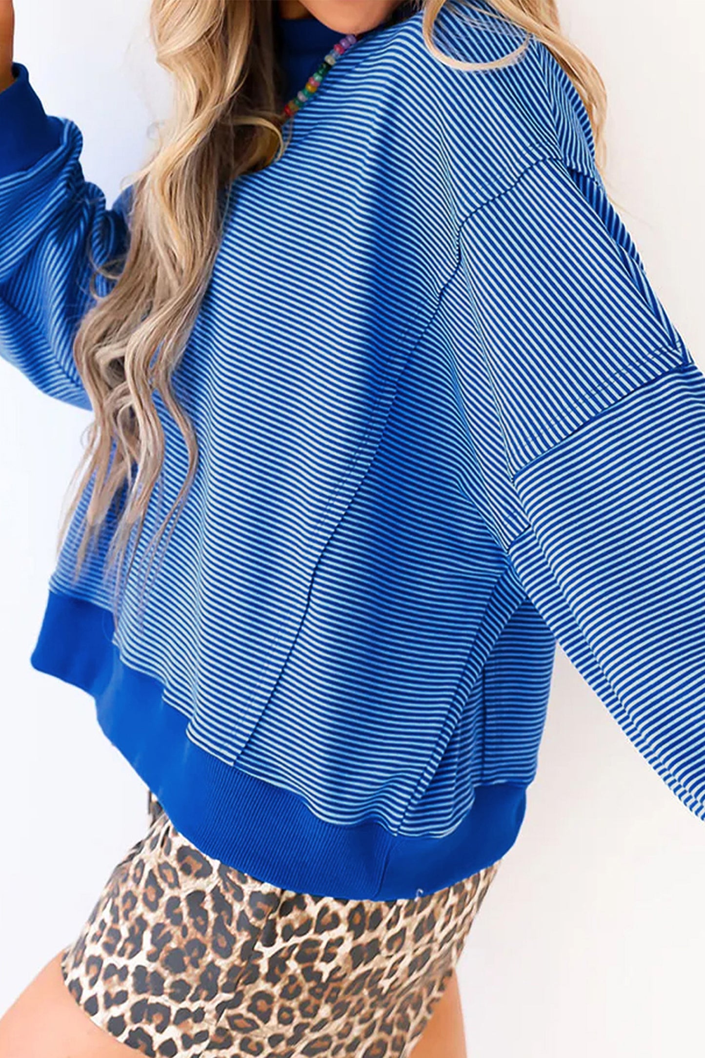 Women's Blue Striped Oversized Crewneck Sweatshirt