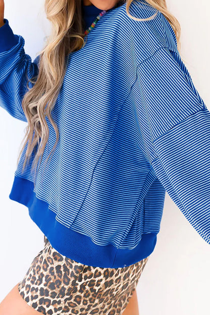 Women's Blue Striped Oversized Crewneck Sweatshirt