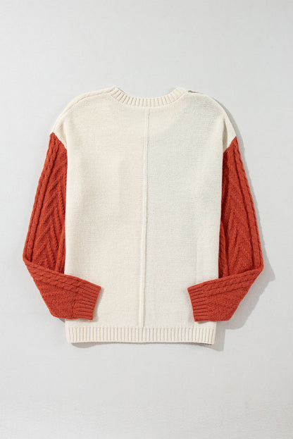 Gold Flame Colorblock Cable Knit Sweater Drop Shoulder