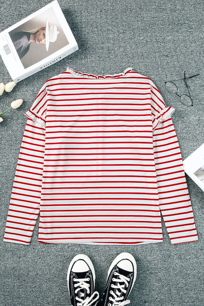 Red Striped Print Ruffled Buttoned Long Sleeve Top