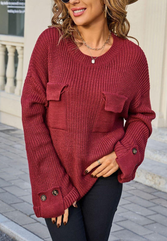 Oversized Pocket Knit Sweater – Loose Fit Pullover Top