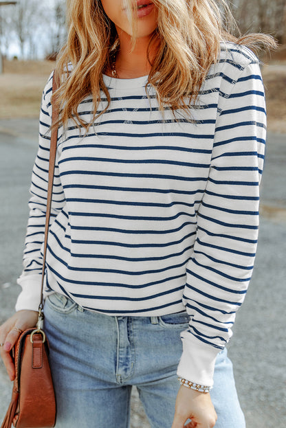 Red Striped Print Ribbed Trim Long Sleeve Top