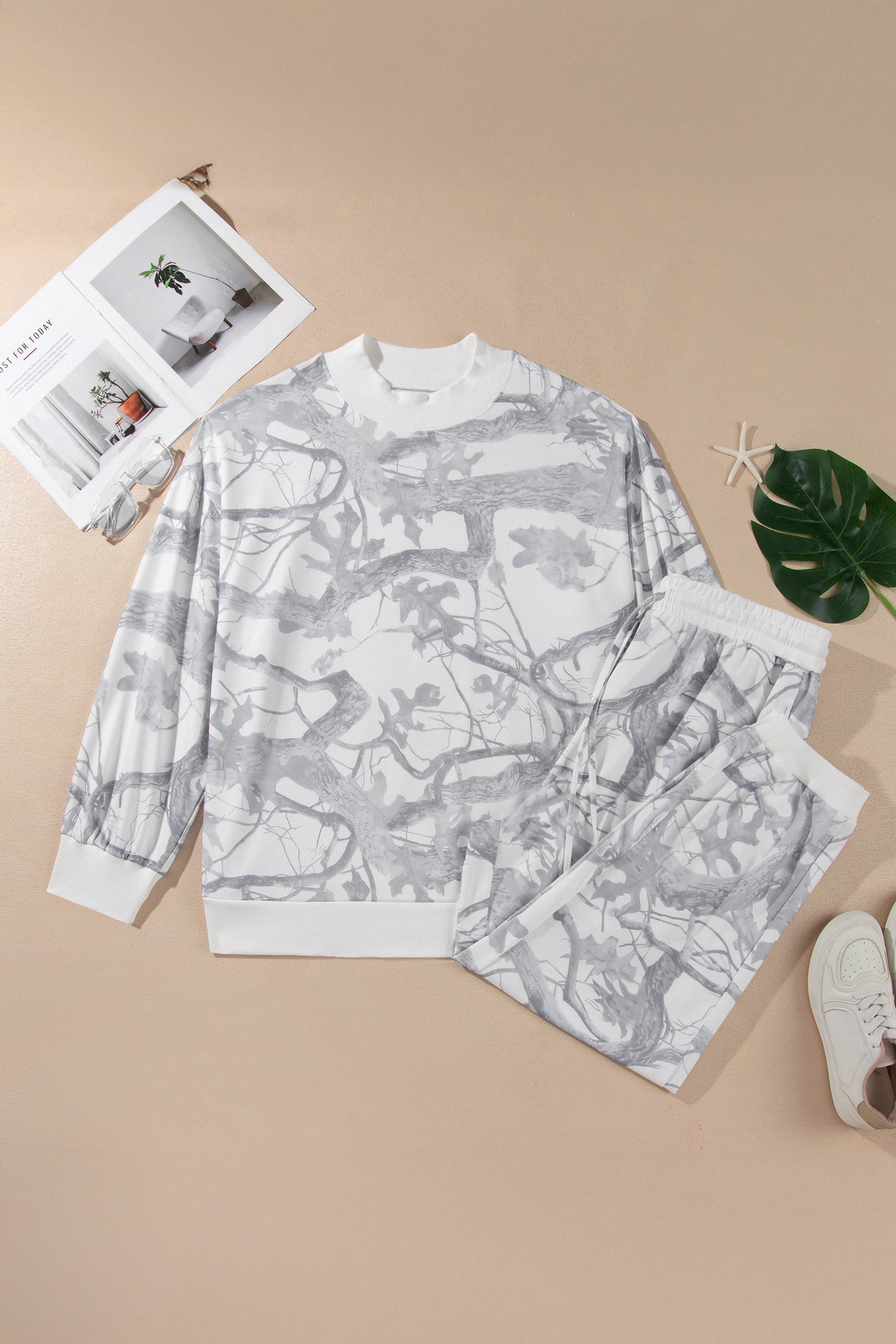 Gray Camo Print Oversized Sweatshirt Pants Set