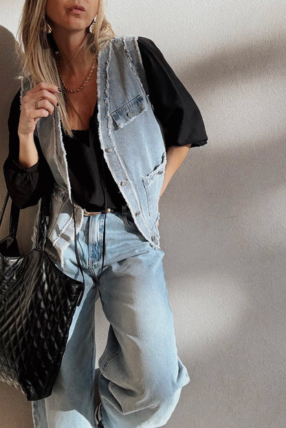 Light Wash Frayed Edge Flap Pocket Button Down Denim Vest